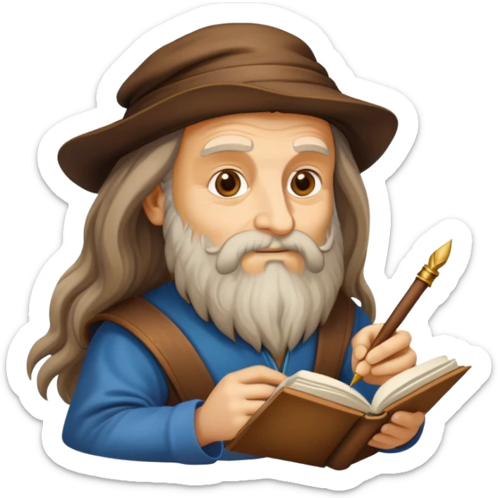 cinematic-realistic-leonardo-da-vinci-portrait-emoji,-depicted-as-the-quintessential-renaissance-polymath-with-deep,-thoughtful-eyes,-a-flowing-beard,-and-a-quill-or-sketchbook-in-hand.-the-scene-is-illuminated-with-warm,-classical-light sticker