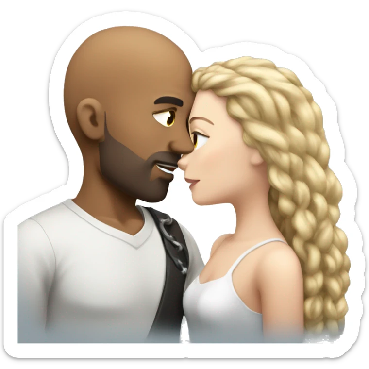 Brown bald man with chain hair kissing white brunette with long hair sticker