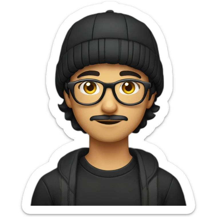 a light skin Pakistani teenager, wearing round glasses, short moustache, black hair, black jumper/sweater, structured manly face, yellow brimless cap sticker