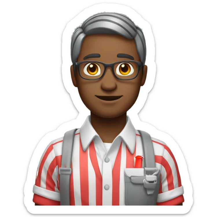Cashier employee with striped white and grey shirt and red keycord  sticker