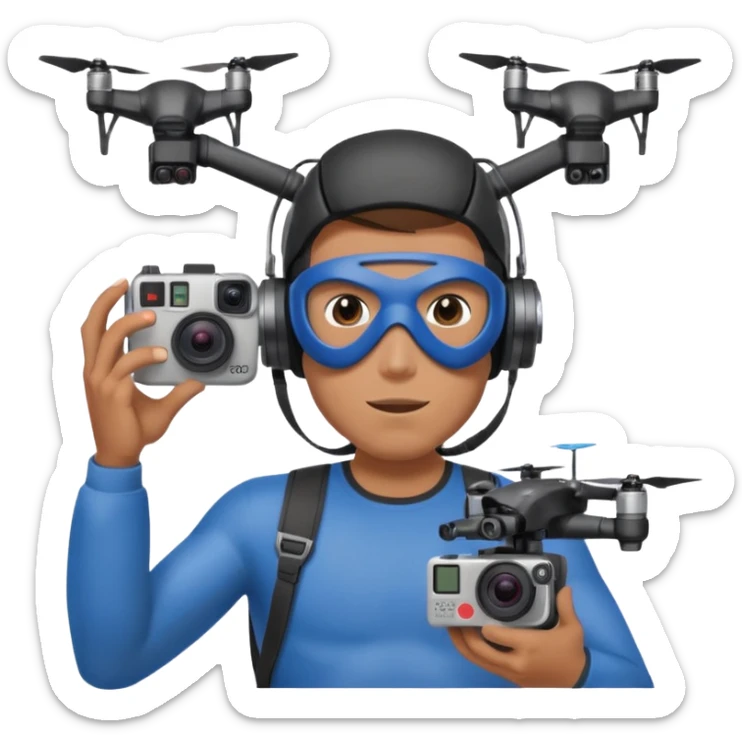 Super hero photographe, gopro sur la tête, masque fpv sur les yeux. Un drone à côté de lui. Il tiens un appareil photo reflex. sticker
