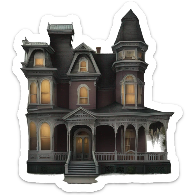 Side view Victorian style . Haunted Addams 8 story tall house. Wraparound porches  sticker