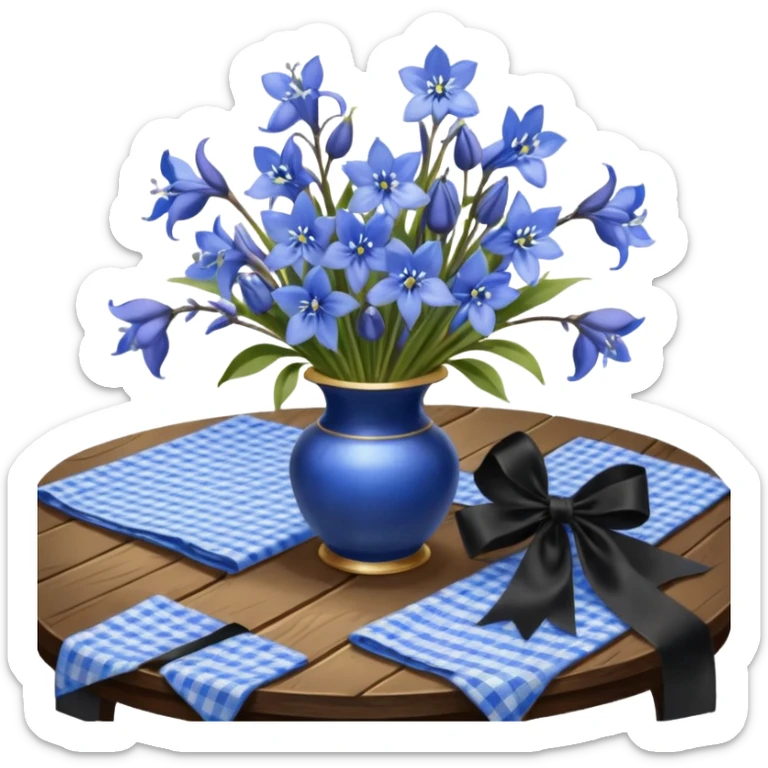 A lush bouquet of bright blue color bluebell black satin ribbon, resting on an antique wooden table, with a pale yellow and pink plaid pattern table cloth sticker