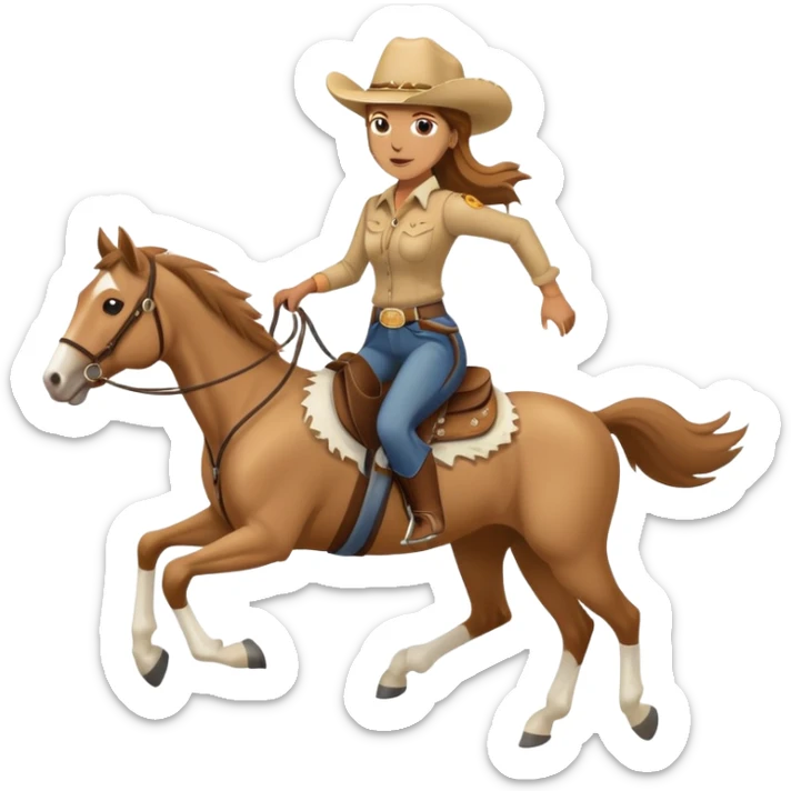 palomino horse running with 4 legs a woman rider with brown hair and a cowboy hat sticker