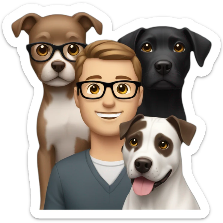 white man short Brown Hair and glasses with a black lab and a grey Pitbull dog sticker