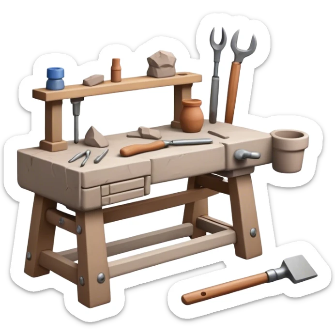 Cinematic Realistic image of a workbench set with a lump of pliable clay and artisanal sculpting tools, rendered with finely detailed textures that reveal subtle clay particles and well-worn tool surfaces, bathed in warm, focused studio lighting sticker
