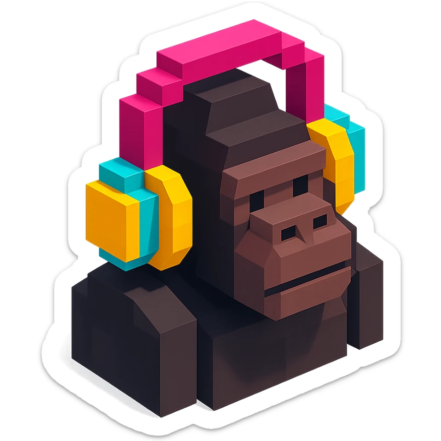 voxel style gorilla wearing large over-ear headphones, isometric view sticker