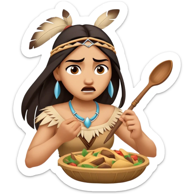 Cinematic Funny Pocahontas Portrait Emoji, Looking bewildered as Meeko steals her food, one brow raised in playful frustration, a warrior princess caught in a hilariously relatable moment, wild yet endearing! sticker