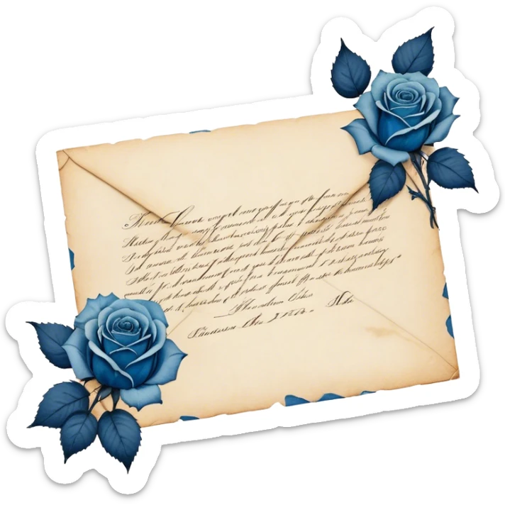 An antique handwritten letter with dried light blue roses and a navy wax seal, vintage aesthetic. sticker