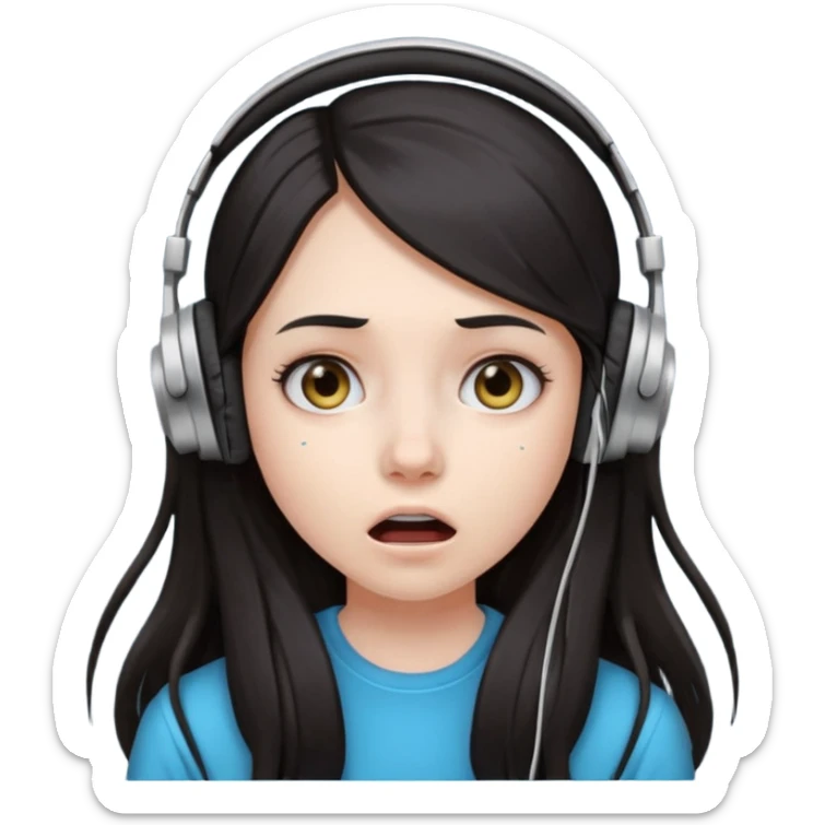 Girl with long dark hair with a shocked face wearing headphones sticker