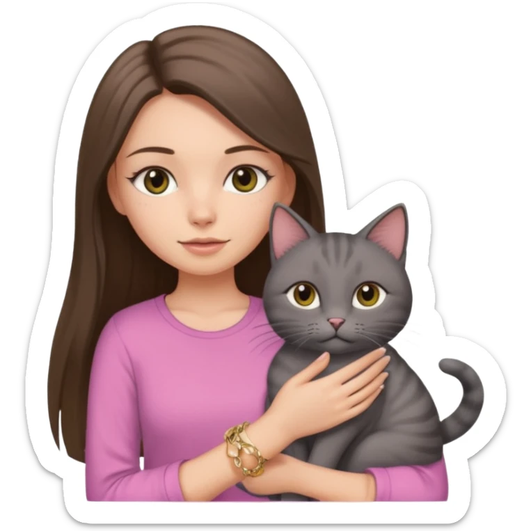 a white girl with brunette long straight hair holding a grey cat. the girl has long lashes and has on a pink shirt and gold jewelry. sticker