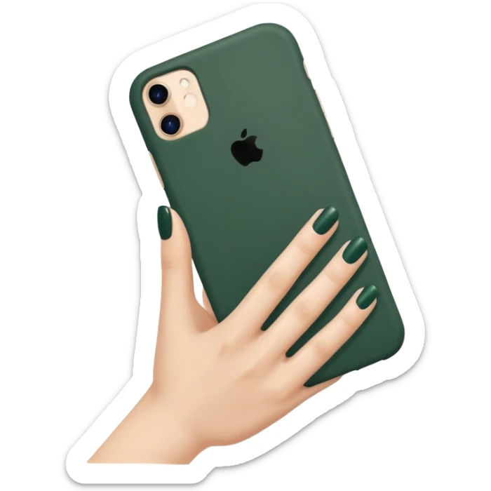 female hand with nude manicure holding an iPhone in a dark green case, clean background sticker