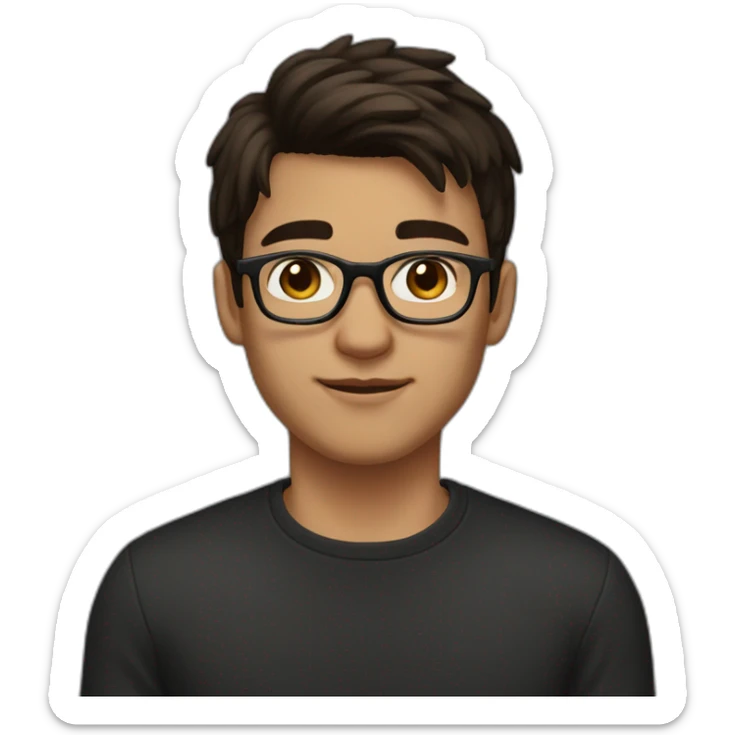 A young man with dark brown hair half-long on top and shorter on the sides with a bang. He has square glasses. He has a black sweater. He also has dark brown eyes sticker