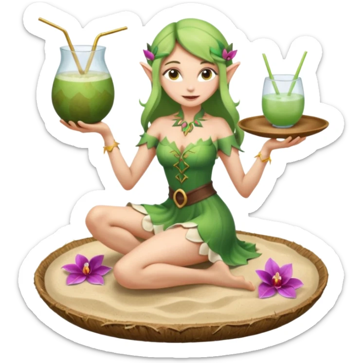 female elf in orchid-petal dress, balancing coconut drink tray. Barefoot on sand sticker