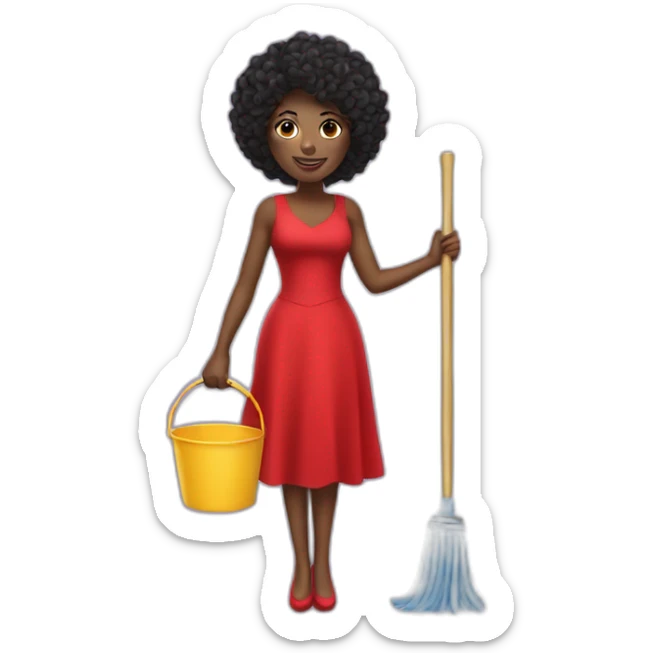 pretty black lady in a red dress holding a bucket and a mop sticker