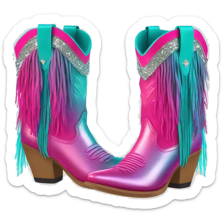 Realistic hot pink to teal ombre pair of fashion cowgirl boots with sparkly shiny glitter fringe on them. sticker