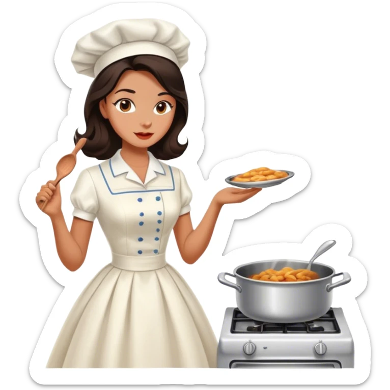 Beautiful woman in 1950’s woman fashion look, white dress, long dark brown hair, cooking sticker
