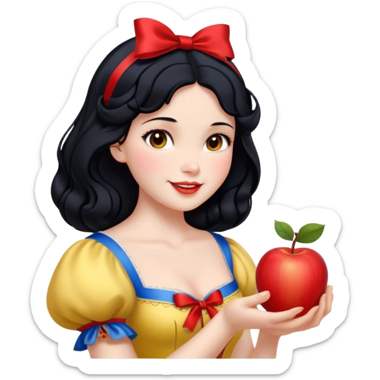 Cinematic Realistic Snow White Portrait, depicted with lifelike skin texture, soft natural lighting, and intricately detailed black hair styled with a red ribbon. Her soft brown eyes radiate innocence and kindness, complemented by a warm, gentle smile. She holds an apple in one hand, her other hand resting against her cheek, embodying her purity and charm. She is dressed in her classic yellow, blue, and red gown, the fabric rich in texture with delicate folds that catch the light beautifully. The portrait features a soft, natural glow with a radiant finish, capturing the essence of timeless beauty in a realistic and painterly style. sticker