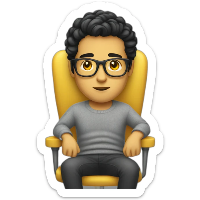 White man with yellow tinted glasses and black hair in a gray jumper and sitting on a chair sticker