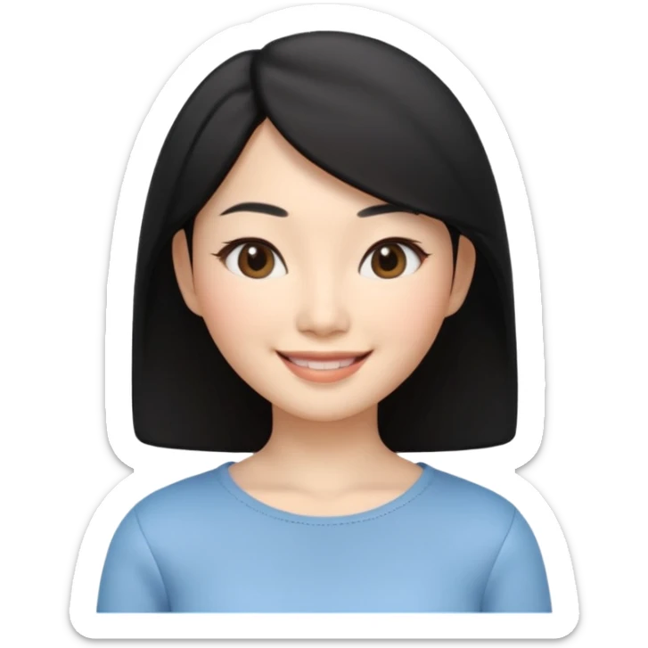 Apple Memoji style, young Asian woman, almond eyes, black hair,
smiling, smooth 3D render, soft gradients, white background,
square format, no text
 sticker