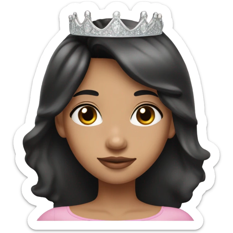 Princess with halo with tan skin tone with long black hair with bang with silver pink heart tiara and pink dress sticker