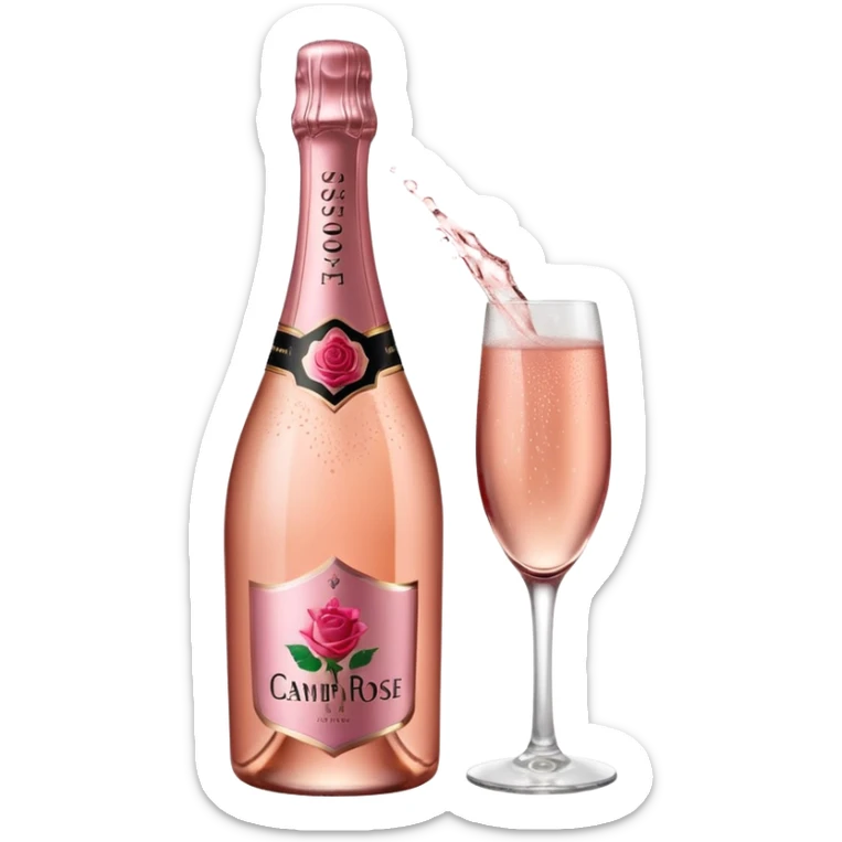bottle of sparkling rose champagne tilted up and to the right, with a rose logo, no glass sticker