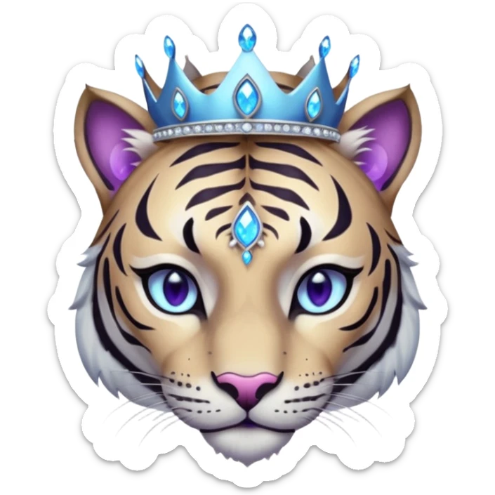 ESO Female white/black tiger khajiit leader of the umbral rose, glowing blue eyes, glowing blue 'third eye' gem, silver crown/tiara with purple gems sticker