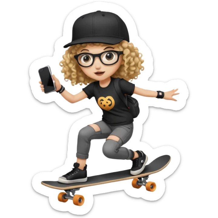 ["An excited girl with light skin, curly hair, wearing a baseball cap and square glasses, dressed in goth fashion, is skateboarding while holding a camera."] sticker