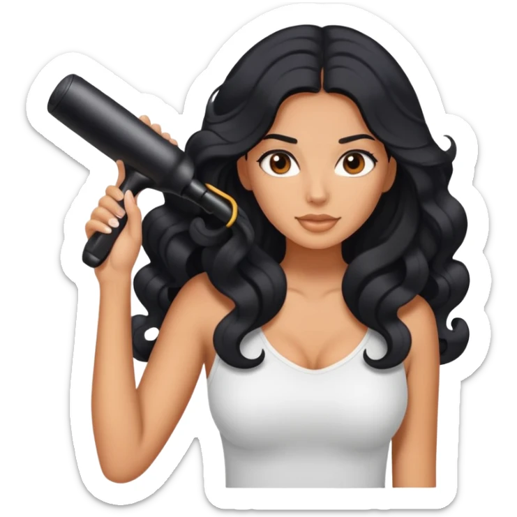 tanned woman with long black hair curling her hair, getting ready sticker