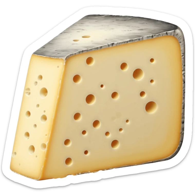wedge of Tomme de Savoie cheese, pale yellow inside, thick rustic rind in grey-brown with natural mold spots, dense grainy texture, cleanly cut, earthy look, soft lighting, emoji scale sticker