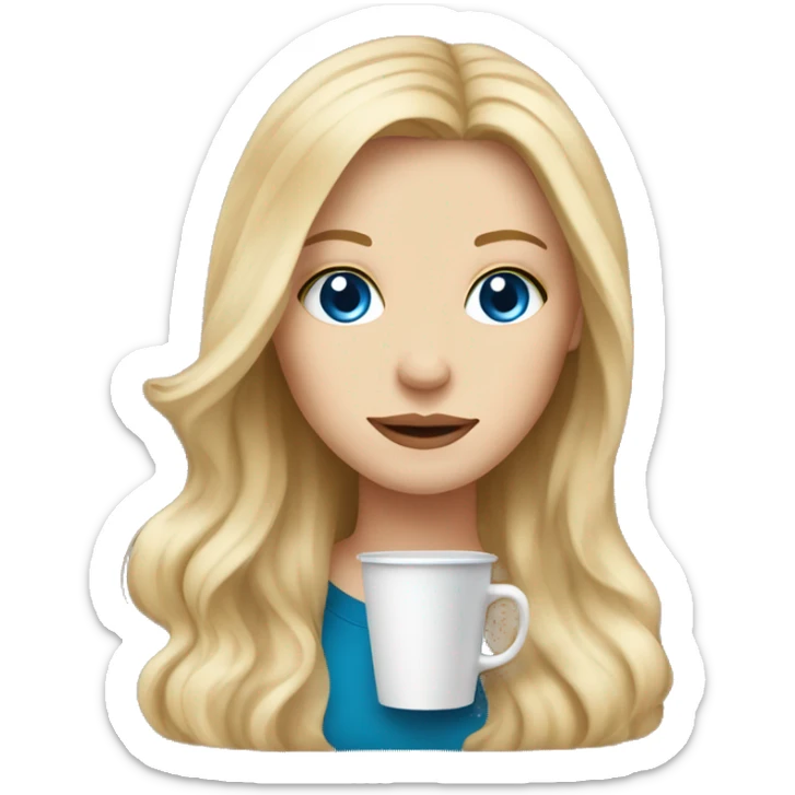 White girl with blue eyes and long dirt blonde hair with a coffee sticker