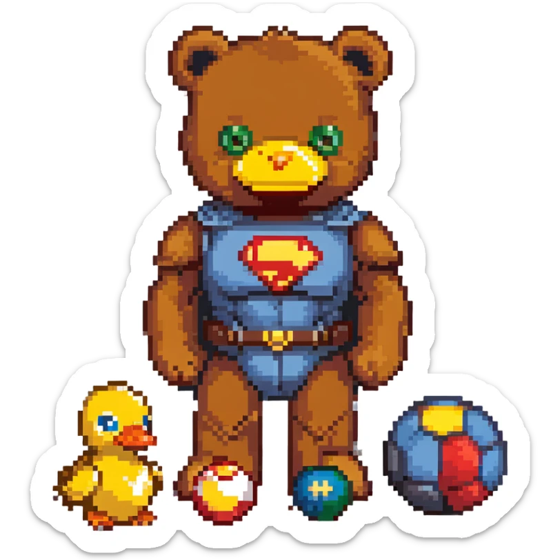 classic childhood toys scattered - brown teddy bear, yellow duck toy, primary colored blocks, red ball, superhero figure sticker