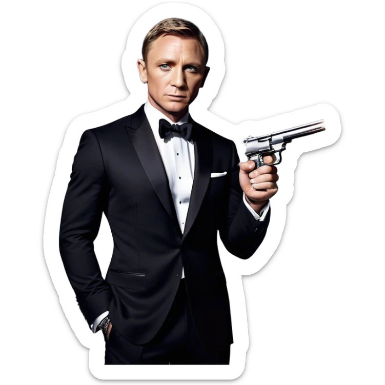 Cinematic Realistic James Bond Daniel Craig Portrait Emoji, depicted as the ultimate suave and enigmatic secret agent, donning a sharply tailored tuxedo, gripping a sleek handgun, with a piercing gaze that exudes confidence and danger. The scene is infused with moody, high-contrast cinematic lighting, evoking the thrilling world of espionage and intrigue. sticker