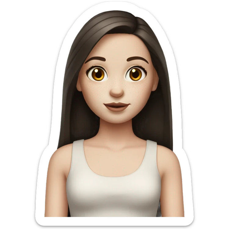 girl with straight dark brown hair, pale skin, doll makeup, and freckles sticker