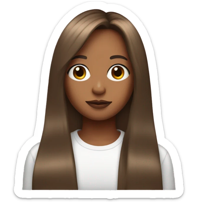 Girl with long brown hair and curtain bangs, clear skin, pink t-shrt sticker