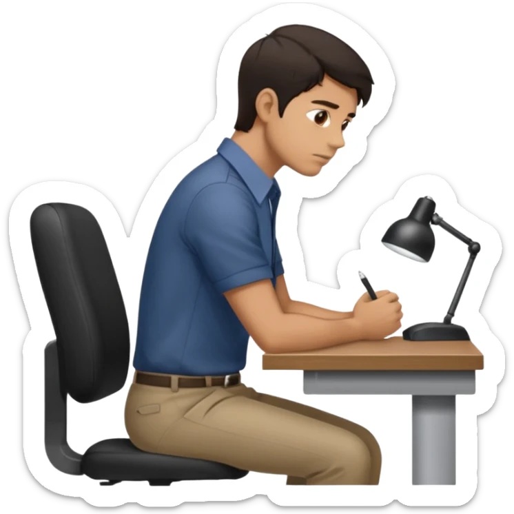  iOS emoji style - Side profile full body of a man sitting at a desk with very poor posture. He has dark hair and wearing a collared-shirt.   sticker