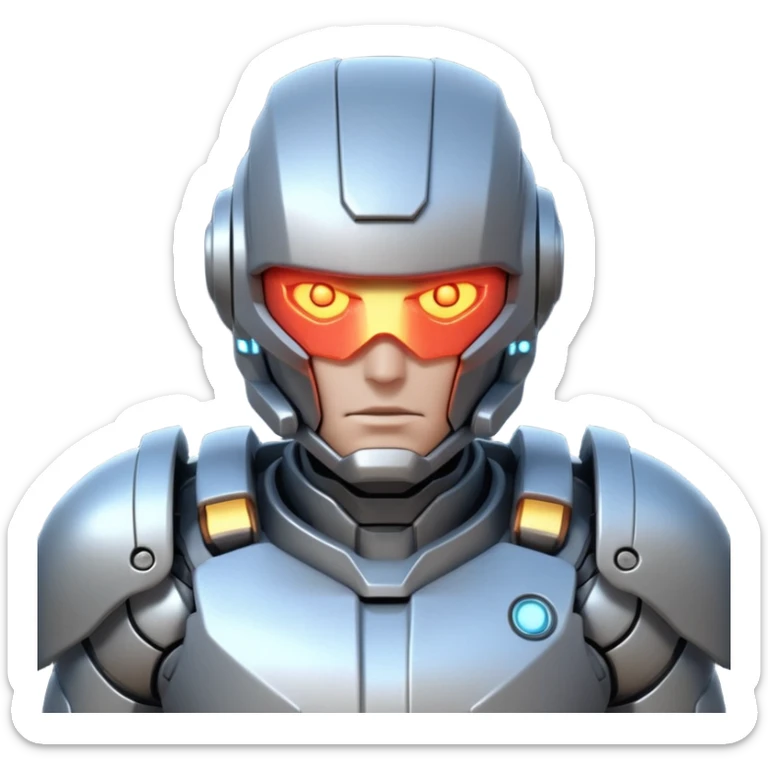 mechanical armored man portrait, head and shoulders only, futuristic metal armor, glowing energy lines, robotic shoulder plates, intense expression, sci-fi warrior vibe, 3D cartoon style, mobile game icon style, clean background, no text, no watermark
  sticker