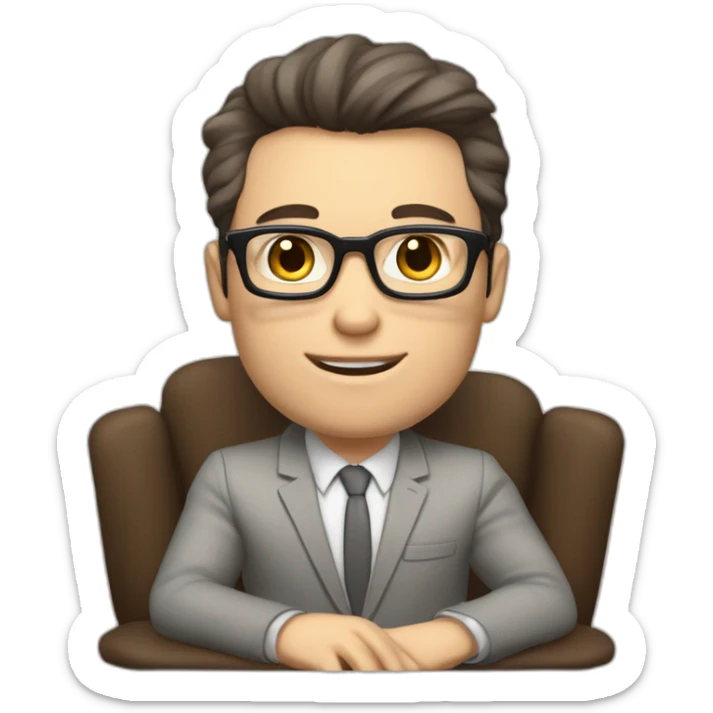 Pale skinned Fit Man With dark brown hair in gray jacket, beige office shirt and vintage glasses sitting In a soft chair with a notebook with emblem Ψ and a pen in his hands sticker