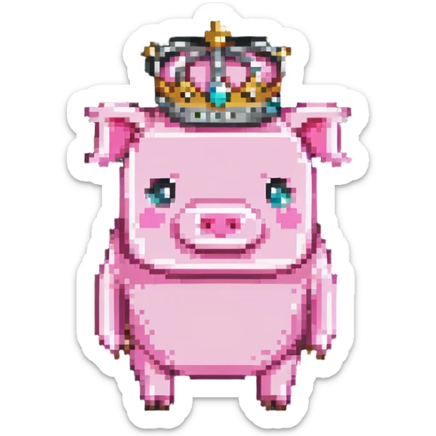 minecraft pig full body pink blocky animal with square head wearing a crown sticker