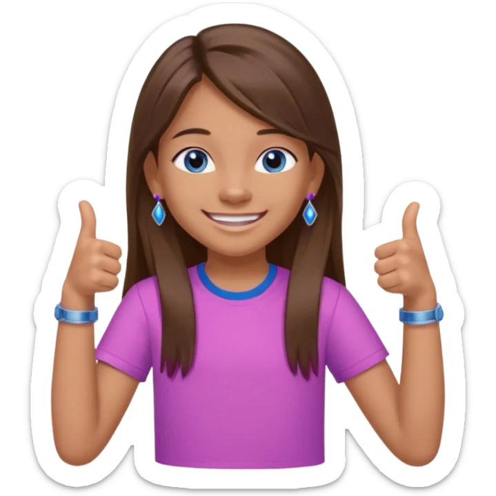 11 year old girl, blue eyes, brown long ish straight hair, smile and two thumbss up with purple STUD earings and a PINK shirt, and that you can see my whole body, and no teeth in my smile and NOooooooooooo watch brcelet thingy sticker