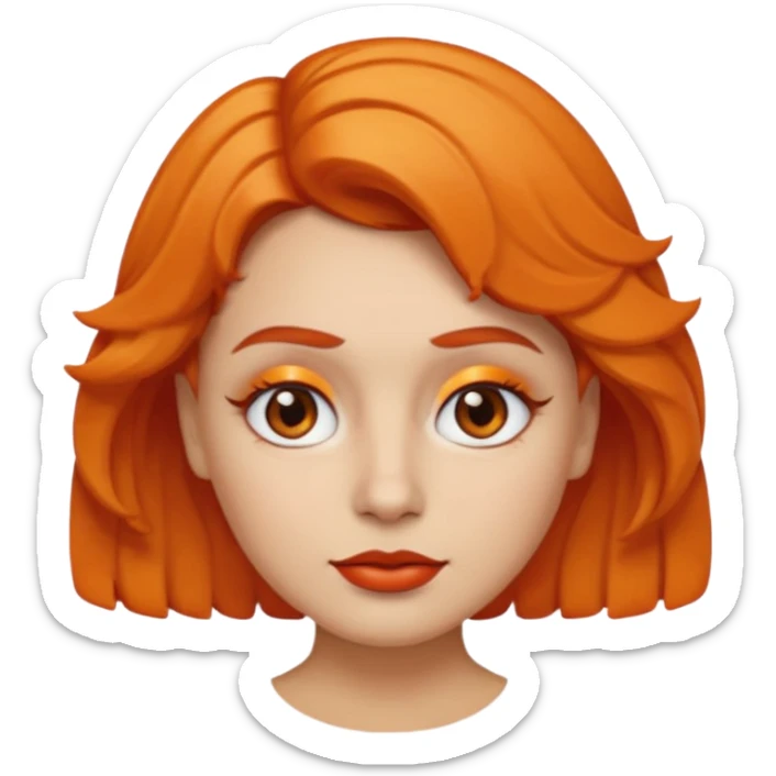 A person emoji with light skin, short orange wavy hair swept to one side, matching orange eyebrows, brown eyes, an oval-shaped face, a small nose, and dark lipstick. sticker