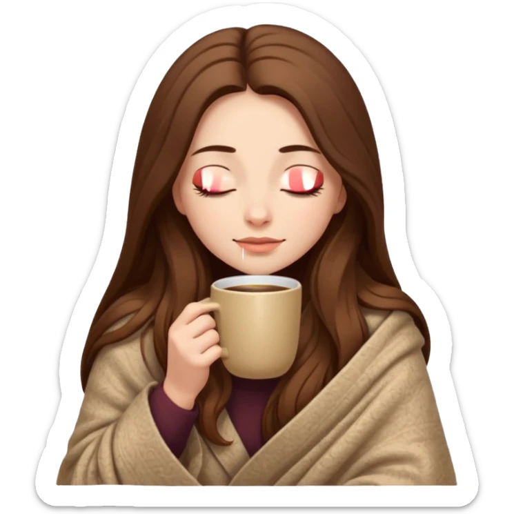 long brown hair woman closed eyes hiding under a cozy wool beige blanket, holding cup of coffee, autumn mood sticker
