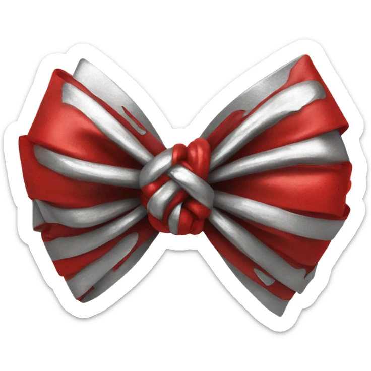 "A vibrant red bow with a silver hollow heart at the base of the bow's knot. The bow should have an intense red color, and the silver heart should be positioned at the center of the knot." sticker