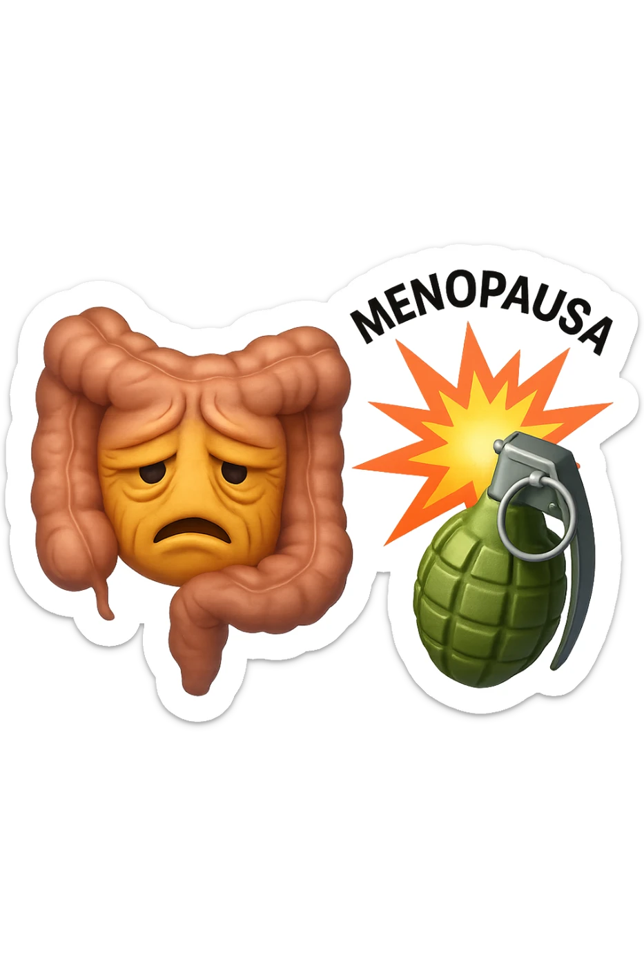 EMOJI STILE IPHONE DI INTESTINO ANZIANO CON RUGHE SFINITO, ACCANTO A LUI SCOPPIA UNA GRANATA 3D CON LA SCRITTA "MENOPAUSA" SOPRA sticker