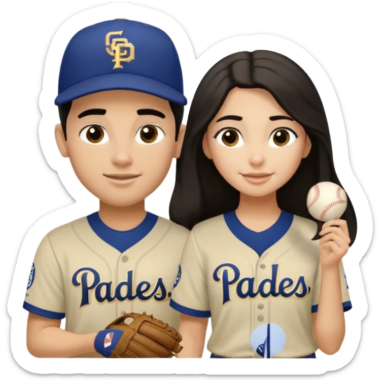 Couple in a game  but light skin. They are girlfriend and boyfriend. Not sibling. Girl has long dark and dimples on the cheeks. The boy has dark hair but shortand prominent eyebrows with egipcian nose. Both are wearing “Los Padres” baseball jerseys and with a sign that says “Go Padres” sticker