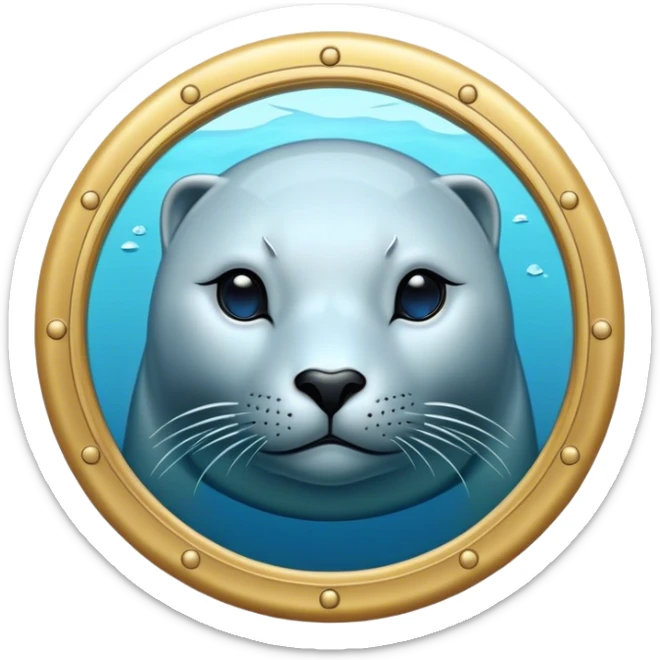Cinematic Noble Seal Portrait Emoji, Poised and refined, with a sleek, streamlined body adorned in smooth, glossy hues and deep, soulful eyes, Simplified yet sharp and sophisticated features, highly detailed, glowing with a soft, aquatic glow, high shine, intelligent and graceful, stylized with an air of maritime elegance, focused and alert, soft glowing outline, capturing the essence of a watchful ocean guardian that feels as though it could glide out of the screen with effortless authority! sticker
