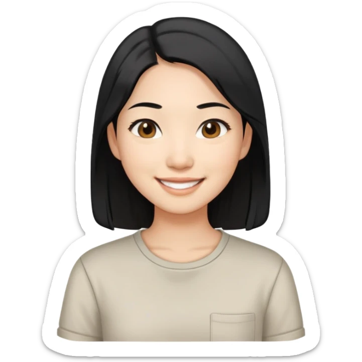 Asian woman with shoulder length black hair smiling casual shirt sticker