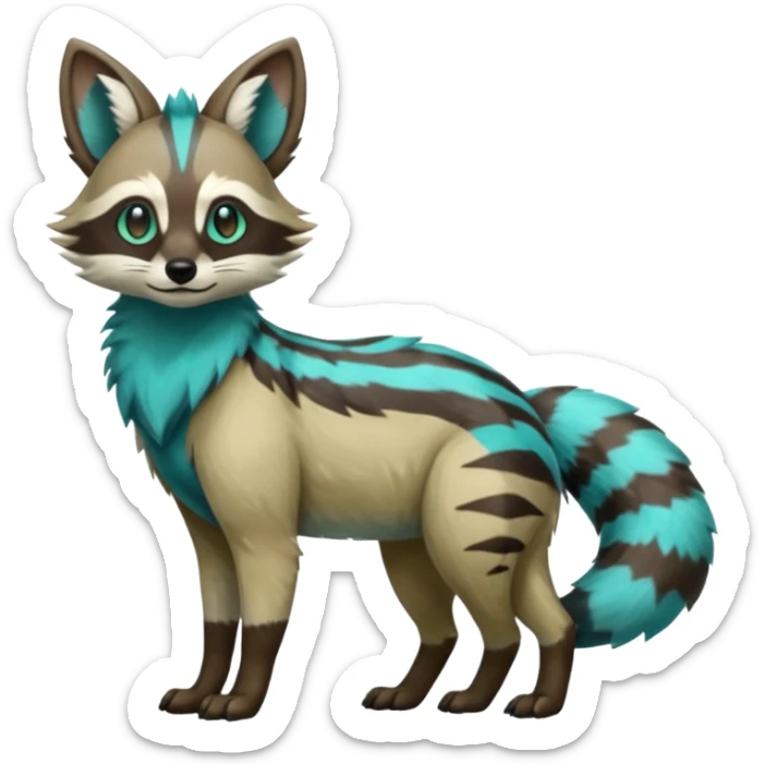 Shiny Khaki-Green Teal-Blue Glossy Silvally-Aardwolf-Tanuki-Genet-Bobcat-fusion-animal-hybrid-creature, full body sticker
