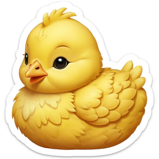Meme-Worthy Cute Sleeping Yellow Baby Chicken Portrait Emoji, Head resting peacefully with a contented smile, showcasing a delightfully tiny build and a luxuriously soft bright yellow downy coat, eyes shut in a serene, restful nap, Simplified yet hilariously adorable features, highly detailed, glowing with a soft, drowsy light, high shine, relaxed and utterly lovable, stylized with an air of playful laziness, bright and heartwarming, soft glowing outline, capturing the essence of a comically sleepy chick, so meme-worthy it feels like it could instantly become the next viral sensation of adorable slumber! sticker