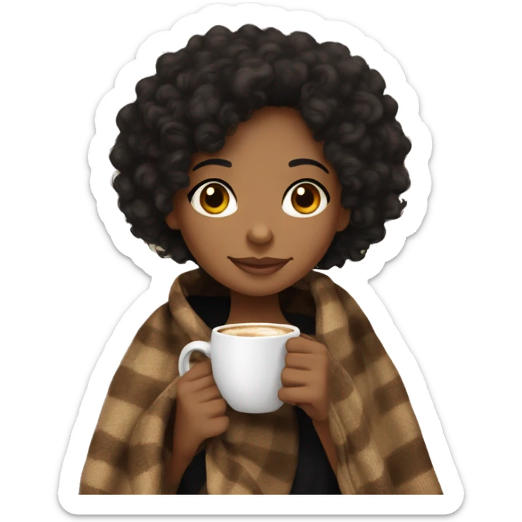 Light brown skin black curly hair Girl drinking coffee, with a cozy blanket sticker
